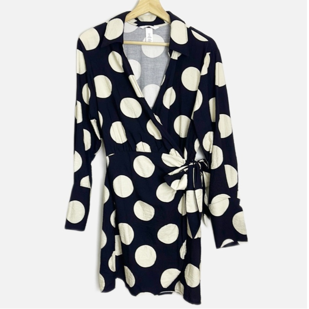 H&M Black and Cream Polka Dot Long Sleeve Wrap Dress